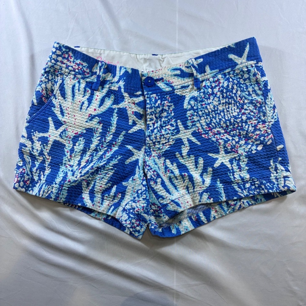 Lilly Pulitzer‎ Callahan Shorts Womens 12 Blue White Coral Seersucker Cotton 5in